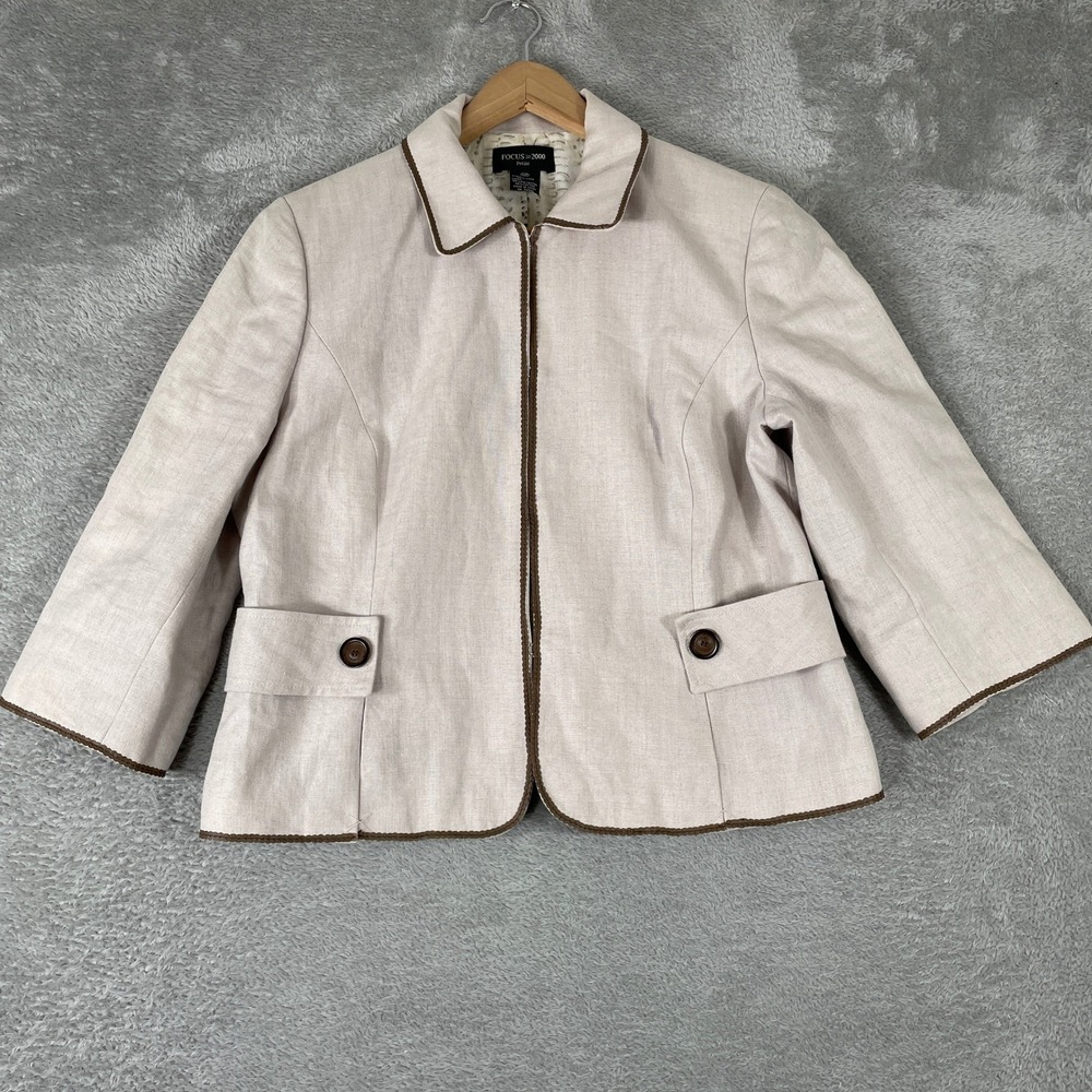Focus 2000 Blazer Womens 14P Beige Linen Braided Trim Animal Print Lining Jacket